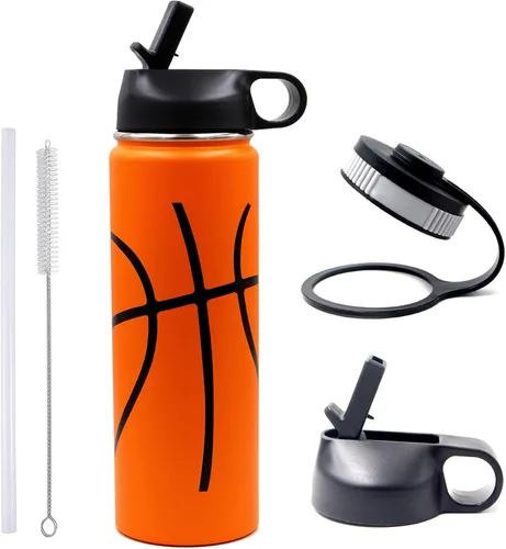 Vista 24 de Botella de agua de baloncesto de 12 onzas, botella de agua deportiva aislada al vacío de acero inoxidable con popote y 2 tapas, botella de agua