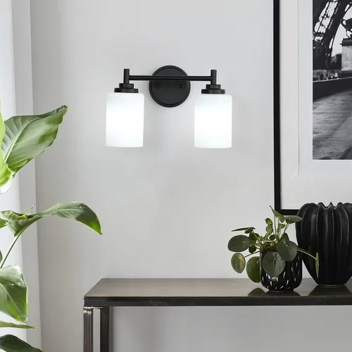 Vista 6 de Lámpara de baño negra mate, 2 luces para tocador de baño con pantalla de vidrio esmerilado blanco, modernos apliques de pared para dormitorio