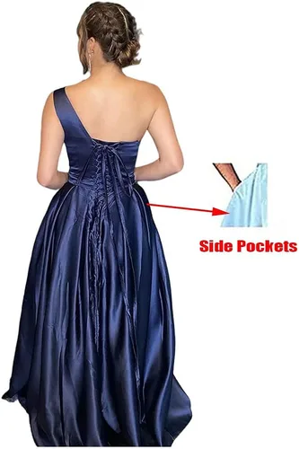Vista 2 de XYAYE Vestidos de fiesta de satén de un hombro con abertura, vestidos de noche formales largos con bolsillos para fiesta de mujer