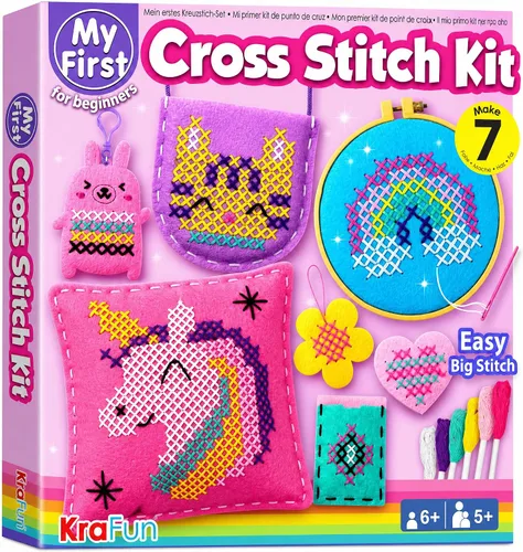 Vista 9 de KRAFUN Kits de Punto de Cruz para Niños Principiantes, 4 Llaveros de Punto de Cruz Artes y Manualidades con Animales, Unicornio, Kit de Bordado