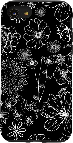 Vista 8 de iPhone 12 Mini - Funda floral de primavera con patrón de flores silvestres en blanco y negro