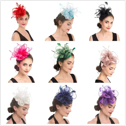 Vista 2 de SAFERIN Fascinator Hair Clip Hat Bowler Feather Flower Veil Wedding Party Hat Tea Hat