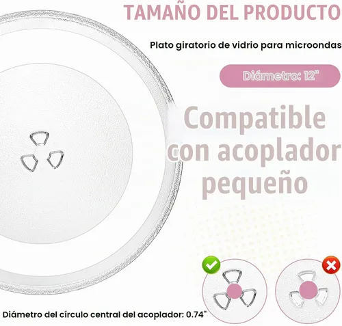 Vista 2 de Placa giratoria de vidrio para microondas W10337247 de 12 pulgadas apta para placa de vidrio de microondas Whirlpool - Reemplazar la bandeja