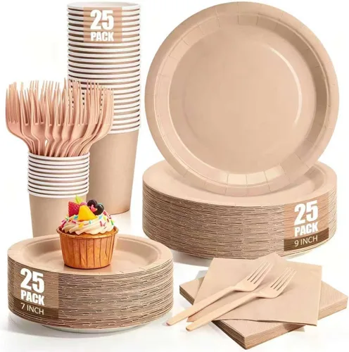 Vista 12 de Platos y servilletas de papel negro, platos desechables para fiestas, incluye platos de 7 y 9 pulgadas, tazas, servilletas, tenedores, suministros