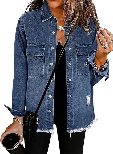 Vista 8 de Chaqueta de mezclilla para mujer, chaqueta de jean desgastada de gran tamaño para mujer, tendencia