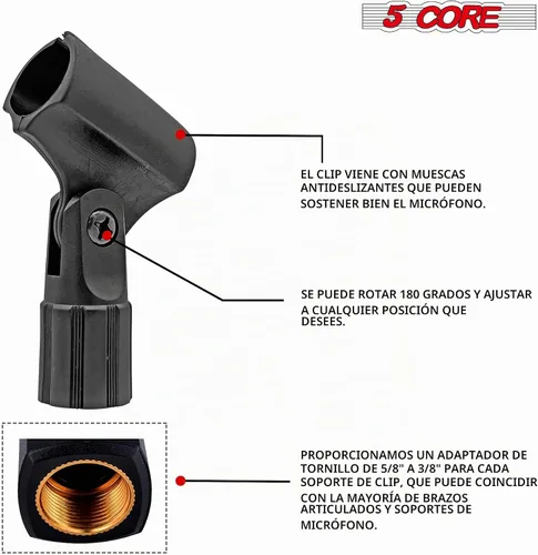 Vista 2 de Soporte de clip de micrófono de 5 núcleos para soporte de micrófono universal ajustable con adaptador de tornillo macho de 5/8 pulgadas a 3/8 MC-08