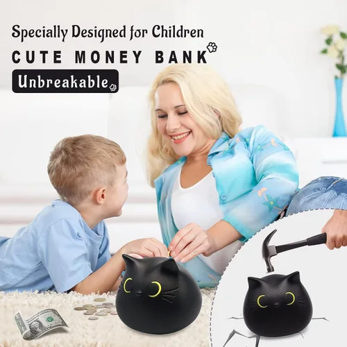 Vista 5 de Alcancía de gato para niños, caja de dinero, alcancía irrompible para niñas, banco de gato negro, banco de dinero para niños, Navidad, 5.5 x 5