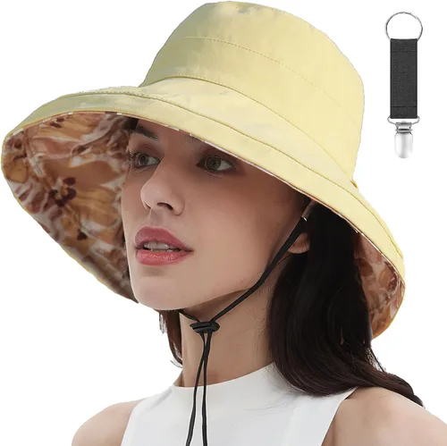 Vista 21 de vidsel Sombreros de sol para mujer, de ala ancha, reversible, de algodón, plegable, de verano, con clip para sombrero, protección UV Beige