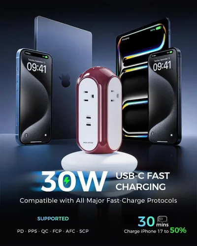 Vista 2 de MiaoLab Torre de regleta de alimentación con 2 puertos USB-C (carga rápida de 30 W), protector de sobretensiones 1420J, 4 salidas de CA, cable
