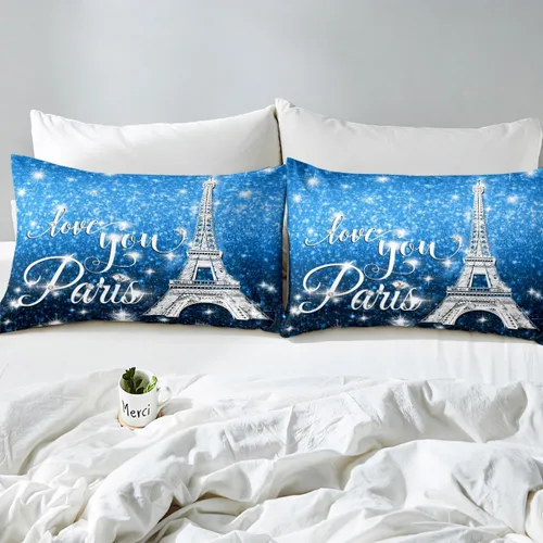 Vista 5 de Erosebridal Funda de edredón de la Torre Eiffel para niñas, juego de ropa de cama romántica de París azul, negro y blanco, funda de edredón