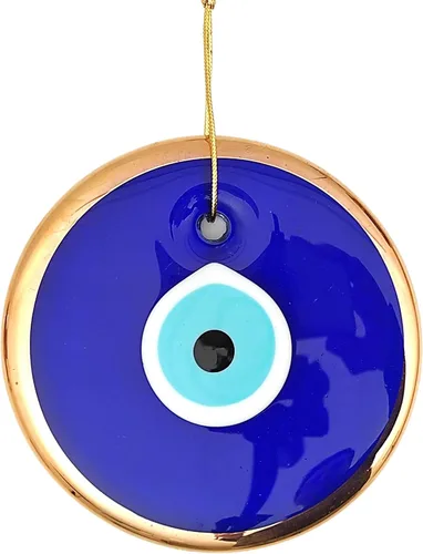 Vista 8 de Glass Blue Evil Eye Wall Hanging Gold Ornament - Turkish Nazar Bead - Home Protection Charm - Wall Decor Amulet in a Black Box (3")
