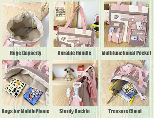 Vista 6 de Bolso de mano Kawaii con bonito dije de conejo y oso de felpa para niñas, mochila escolar para laptop, bandolera para estudiantes