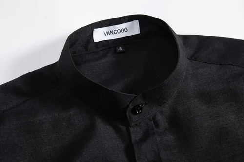 Vista 3 de Mens Long Sleeve Banded Collar(Mandarin Collar) Casual Linen Blended Shirts with Pocket