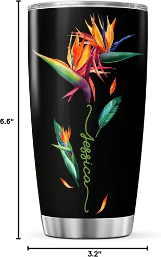 Vista 8 de CUBICER Vaso personalizado con diseño de pájaro del paraíso con tapa, nombre personalizado, regalos de Navidad para mujeres, amantes de las flores