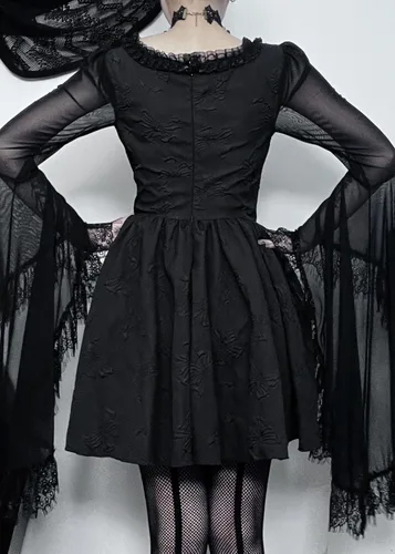 Vista 3 de Gothic Lolita Dresses for Women Flare Sleeve Velvet Grunge Dress Off Shoulder Vintage Aesthetic Harajuku Elegant Dresses