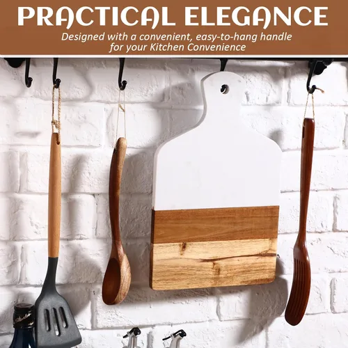 Vista 4 de FillTouch 2 tablas de cortar de mármol y madera de acacia de 13 x 8.5 pulgadas, tablas de charcutería de mármol blanco para servir queso con asa