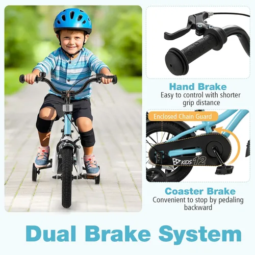 Vista 4 de BABY JOY Bicicleta deportiva de 12, 14, 16, 18 pulgadas, con ruedas de entrenamiento, asiento ajustable, freno de mano y freno de posavasos