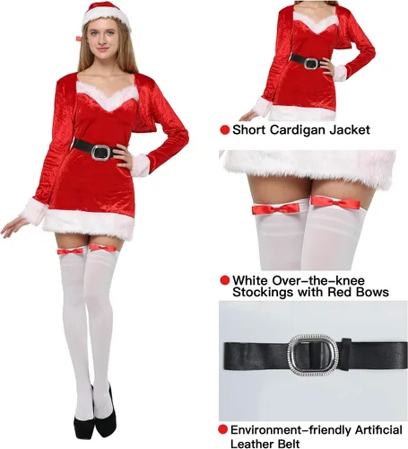 Vista 4 de ReneeCho Vestido de Papá Noel para mujer, disfraz de Navidad, disfraz de señora Claus, cosplay con sombrero y medias para festivales y fiestas