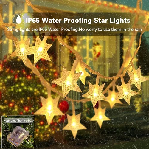 Vista 2 de Guirnalda de luces de estrella, 20 pies, 40 luces LED de estrella con control remoto [temporizador], 8 modos de luces parpadeantes a pilas IP65 a
