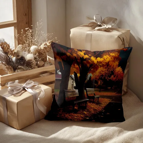Vista 2 de Batmerry Fundas de almohada de bosque de arce otoñal, casas de sillas de madera, hojas amarillas, fundas de almohada decorativas, impresión digital