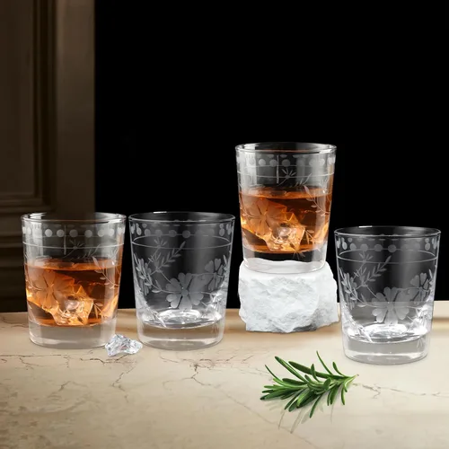 Vista 6 de Joeyan Vasos de Vidrio para Beber Grabados Soplados a Mano, Vasos de Agua de Vidrio Transparente con Patrón Floral, Juego de Cristalería Tumbler