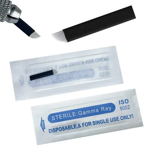 Vista 13 de Agujas de microblading de 0.007 in, agujas desechables de tatuaje de cejas para máquina de maquillaje permanente Manual de suministros (Negro S7)