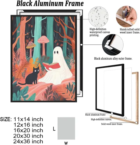 Vista 2 de Bonito arte de lectura de fantasmas, póster de pared de bosque de Halloween con hongos y plantas, impresión de lectura de fantasmas caprichosa