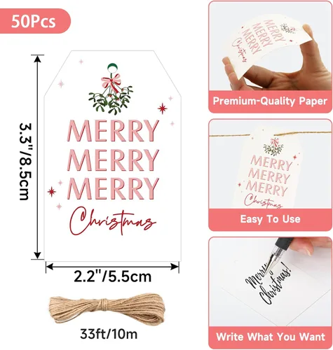 Vista 3 de Etiquetas de regalo de Navidad de Anwyll con cuerda - 50 piezas etiquetas de arco rosa feliz feliz feliz Navidad para regalos etiqueta de regalo