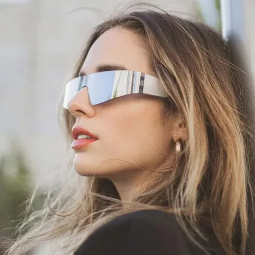 Vista 5 de Kursan Gafas de sol envolventes para mujeres y hombres, de una pieza, sin marco, parte superior plana, gafas de protección Y2K futuristas con espejo