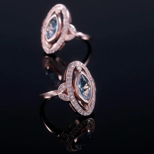 Vista 3 de Anillo de compromiso para mujer, chapado en oro rosa y oro blanco, corte marquesa de imitación azul aguamarina CZ