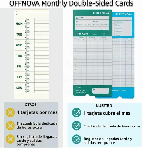 Vista 2 de OFFNOVA Tarjetas térmicas de tiempo para empleados, tarjetas perforadoras mensuales de doble cara, 3.3 x 7.3 pulgadas, detección automática