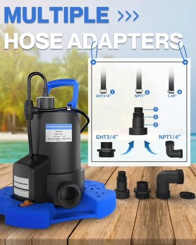 Vista 4 de Bomba automática de cubierta de piscina, bomba de agua sumergible de 1 HP 5000 GPH con válvula de retención y 3 adaptadores, cable de 29.5 pies