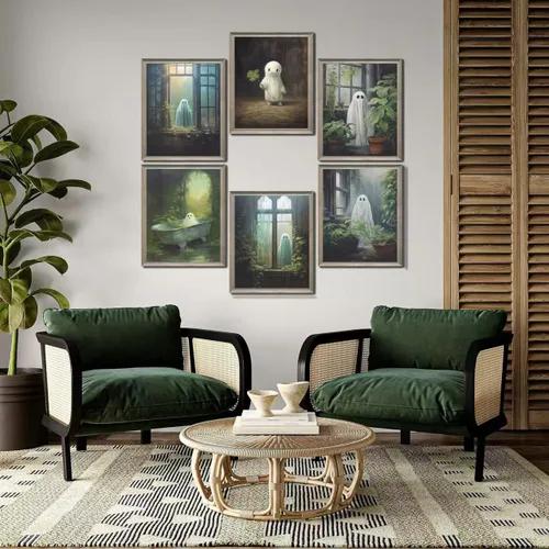 Vista 2 de Dizfen 6 piezas de lienzo divertido de fantasma, arte de pared, póster vintage de Halloween, lindo fantasma, pintura de fantasma, imágenes