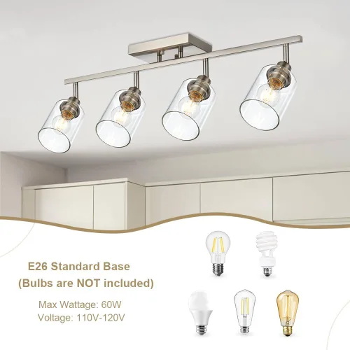 Vista 5 de Lámpara de tocador de 4 luces para baño en acabado de níquel cepillado, lámpara clásica con cabezal de luz giratoria, lámpara de techo de metal