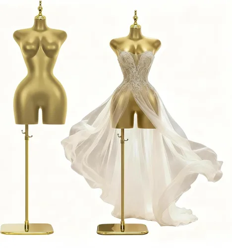 Vista 12 de Modelo de torso de maniquí femenino dorado y plateado con altura ajustable y soporte de base de metal para tienda de ropa al por menor (negro, L)