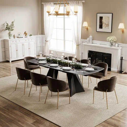 Vista 9 de Honyee Mesa de comedor de piedra sinterizada, mesa de comedor extensible con hojas, parte superior rectangular de aspecto de mármol, asientos 6-12