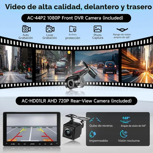 Vista 3 de Estéreo Android de doble DIN de 9 pulgadas con cámara de control de 1080P y cámara de respaldo, inalámbrico CarPlay Android Auto, conexión WiFi/USB