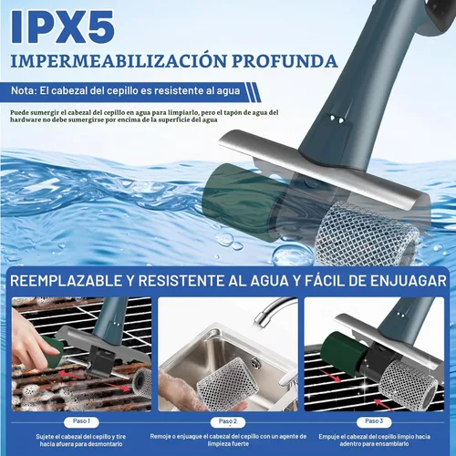 Vista 5 de Hillyfe Cepillo de parrilla para exterior, cepillo de parrilla recargable inalámbrico con 3 cabezales de cepillo, cepillos de limpieza eléctricos