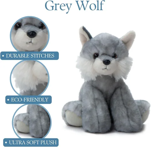 Vista 6 de The Petting Zoo Peluche de lobo, regalos para niños, animales salvajes del zoológico Onez, juguete de peluche de lobo gris de 9 pulgadas