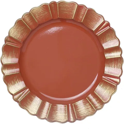 Vista 12 de Efavormart Paquete de 6 Cargadores de Platos de Cena de Plástico Acrílico Beige de 13" con Borde Festoneado Ondulado Cepillado en Dorado