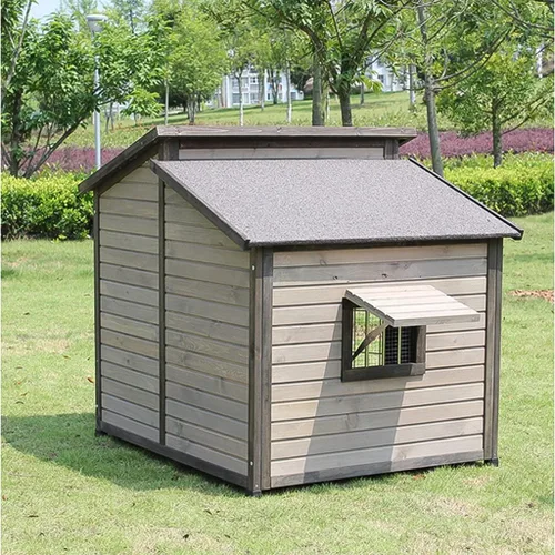 Vista 5 de Casa para perros al aire libre, perrera elevada de madera para mascotas con techo de asfalto, puerta delantera, ventana lateral, porche para perros