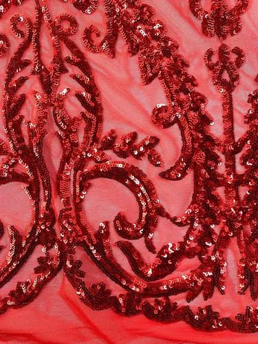 Vista 5 de Esmeralda Red Sequins on Mesh Lace Fabric by The Yard - 10102