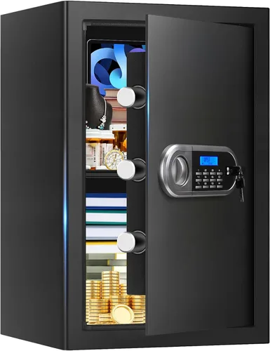 Vista 14 de Caja fuerte pequeña para uso doméstico, caja de seguridad digital con cerradura de combinación, estante extraíble y llaves de repuesto, caja fuerte
