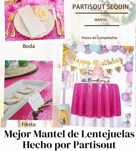 Vista 6 de Partisout - Mantel redondo de lentejuelas de 48 pulgadas color rosa brillante - Cubierta de mesa con purpurina brillante para boda, cumpleaños Rosa