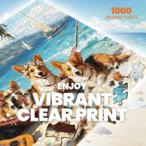 Vista 4 de Rompecabezas para adultos de 1000 piezas, rompecabezas de 1000 piezas con letras en la parte posterior, rompecabezas de perro Corgi Happy Beach