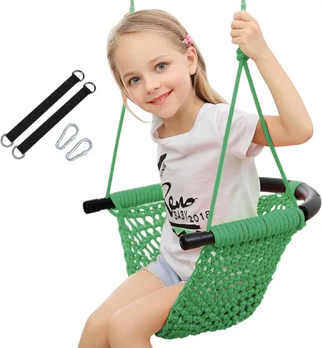 Vista 11 de Columpio tejido a mano para niños, columpio para niños con cuerdas ajustables, juego de columpio seguro para niños, para interiores, exteriores