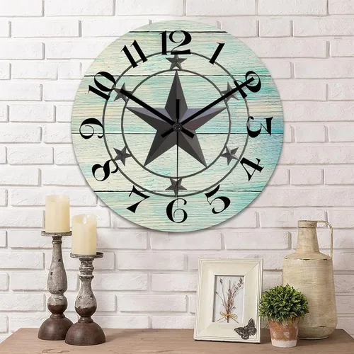 Vista 9 de Reloj de pared redondo de estilo rústico con estrellas del oeste de Texas, reloj de madera, silencioso, sin tictac, funciona con pilas, con números
