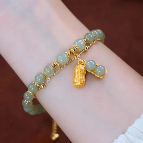 Vista 4 de SJDOFU Pulsera de cuentas de jade Hetian Jade Peanut Colgante Pulsera elástica para mujer (verde claro), Esmeralda, Jade