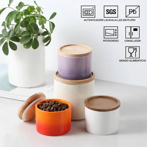 Vista 2 de Recipientes de cocina Sweejar, tarro de almacenamiento de cerámica para alimentos, recipientes apilables con tapa hermética de madera para servir