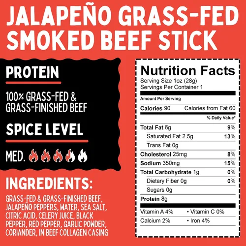 Vista 3 de Palitos de carne de 7 sabores variados. Sin nitratos añadidos, gluten, soja, MSG, lácteos, frutos secos. 5 sabores de carne alimentada con pasto, 1